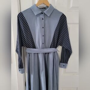 Light Blue Striped Sleeve Button-Front Maxi Dress